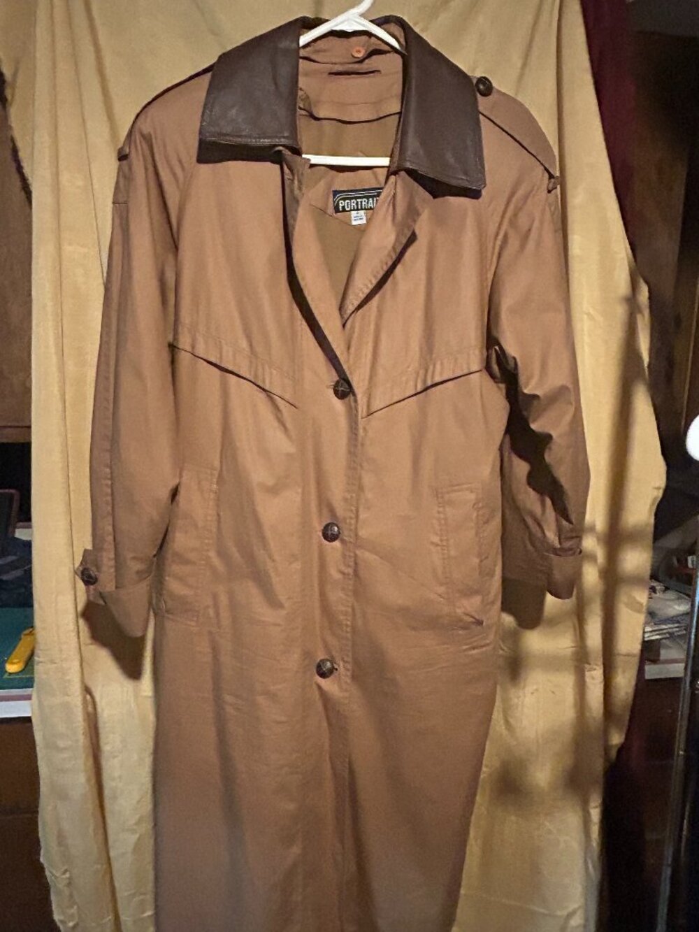 Vintage Portrait Trench coat features  classic tan body w  faux leather  detacha